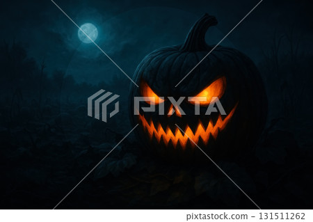Spooky jack-o-lantern glowing on a dark night with a full moon shining above 131511262