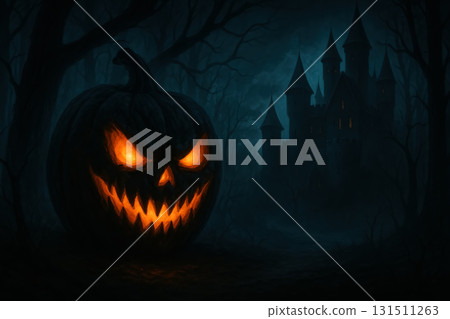 Spooky pumpkin with glowing eyes in front of an eerie castle at night 131511263