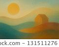 Beautiful sunset over hills with a simple house in the foreground and a warm atmosphere 131511276