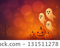 Halloween celebration with spooky ghosts and carved pumpkins at night 131511278
