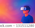 Young person explores virtual reality with headset in vibrant colorful setting 131511280