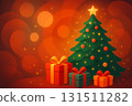 Christmas tree adorned with ornaments and colorful gifts in warm festive ambiance 131511282