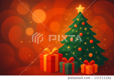 Christmas tree adorned with ornaments and colorful gifts in warm festive ambiance 131511282