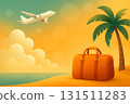 Vacation adventure with a bag and airplane over a tropical beach at sunset 131511283