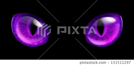 Mystical purple cat eyes with vertical pupils on a black background. 131511297