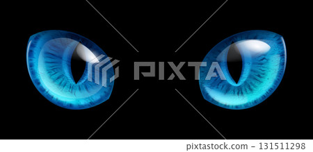 Luminous blue cat eyes with vertical pupils on a black background. 131511298