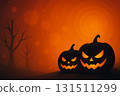 Brightly glowing Halloween pumpkins against a spooky orange background with bare trees in twilight 131511299