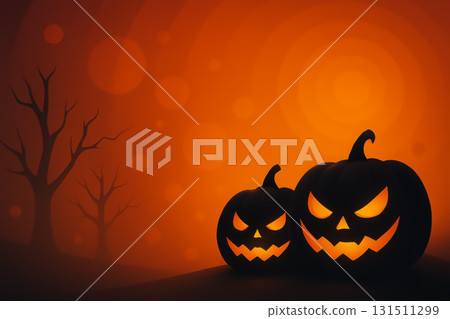 Brightly glowing Halloween pumpkins against a spooky orange background with bare trees in twilight 131511299