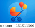 Colorful baby stroller with balloons against a bright blue background for celebrations and joyful moments 131511300