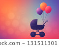 Colorful balloons float above a stylish stroller on a soft gradient background celebrating new beginnings 131511301