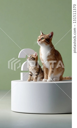 Portrait of a friendly mother and kitten standing in a studio-style set 131511370