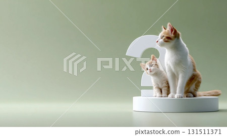 Portrait of a friendly mother and kitten standing in a studio-style set 131511371