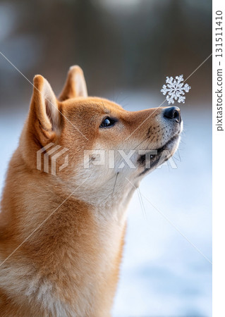 一隻柴犬凝視著雪花的莊嚴側影 131511410