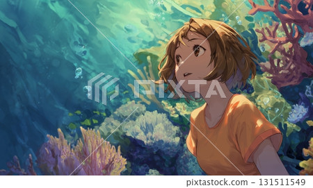 Illustration of a girl fascinated by underwater fantasy 131511549