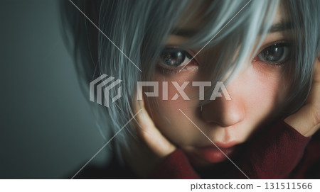 A realistic anime girl gazing with sad eyes 131511566
