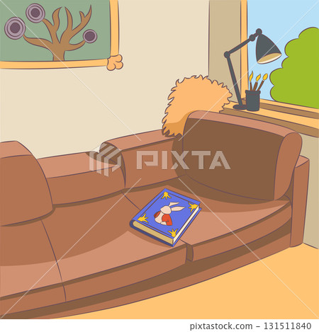 Children book on sofa in home interior, vector illustration 131511840