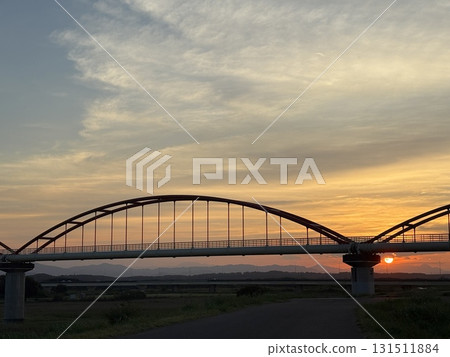 Riverbed, Japan's longest aqueduct bridge, and sunset scenery 131511884