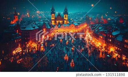 Prague's Old Town Square Christmas Market aglow with festive lig 131511898