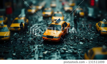 Rain-Streaked Yellow Taxi Cab on a Dark, Debris-Littered New Yor 131511899