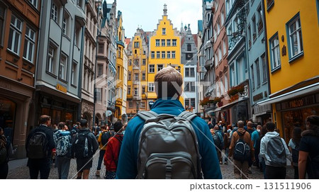 Tourist Explores Colorful European Street, Backpack View, Bright Tourist Explores Colorful European Street, Backpack View, Bright 131511906
