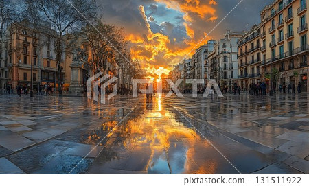 Barcelona's Golden Hour: Reflections on a Wet City Square at Sun Barcelona's Golden Hour: Reflections on a Wet City Square at Sun 131511922