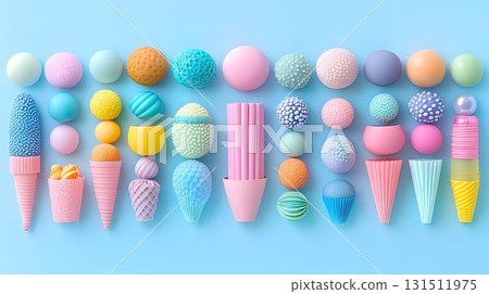 Pastel spheres and cones on blue background whimsical design 131511975