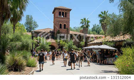 People walking towards large rustic building on sunny day 131512004