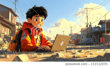 Smiling boy using laptop outdoors bright sunlight digital illustration 131512078