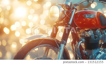 Gleaming Red Motorcycle Detail with Bokeh Lights and Chrome Acce 131512155