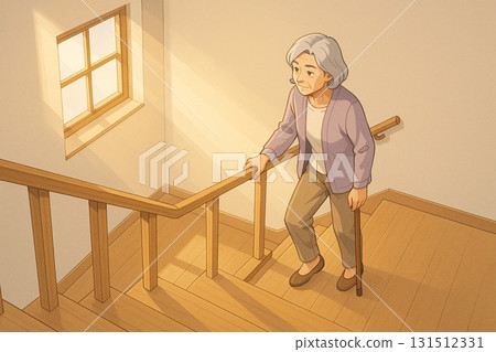 陽光透過樓梯照進來，老人在爬樓梯 131512331