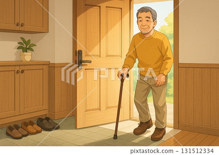 A Japanese man leaving the entrance with a cane in hand 131512334