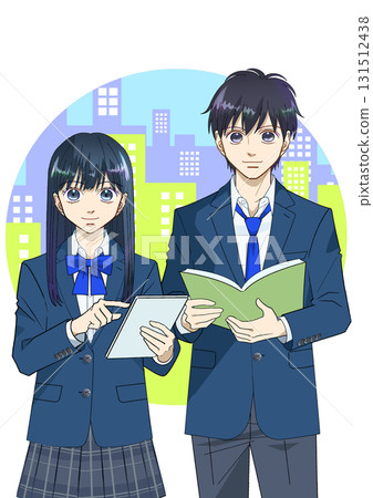 Anime-style illustration of male and female high school or junior high school students holding tablets and books, round cityscape background, white background Anime-style illustration of male and female high school or junior high school students holding tablets and books, round cityscape background, white background 131512438