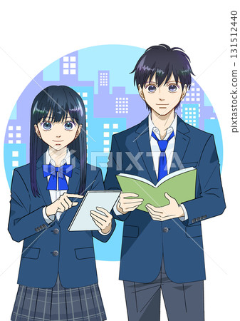 Anime-style illustration of male and female high school or junior high school students holding tablets and books, round cityscape background, white background Anime-style illustration of male and female high school or junior high school students holding tablets and books, round cityscape background, white background 131512440
