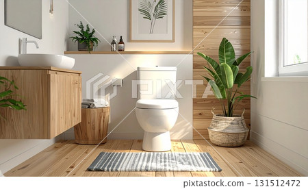 斯堪的納維亞設計的木質和白色馬桶的高解析度圖像 131512472