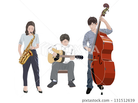 Illustration of a young man and woman playing in a trio 131512639