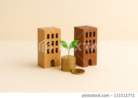 M&A and security growth image | Wooden building, coins and young leaves beige background 131512772