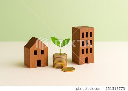 永續財務成長圖像 | 木屋、建築、硬幣和嫩葉 131512773