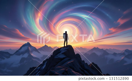 Silhouette of a climber looking up at a vortex of light 131512890