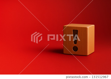 Wooden Blocks and Exclamation Mark on Red Background Emergency Warning Risk Concept Wooden Blocks and Exclamation Mark on Red Background Emergency Warning Risk Concept 131512967