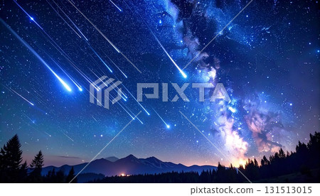 3DCG illustration of a starry sky with shooting stars and meteor showers 131513015