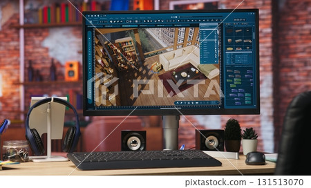 Architectural design software on computer in home office used for moving interior design project assets, close up. CAD software interface on PC display showing home floor plans, handheld camera shot 131513070