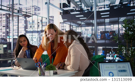 Women executives in a modern workspace collaborating on business strategy, leading productive meeting. Successful businesswomen focusing on economic independence and breaking barriers. Camera B. Women executives in a modern workspace collaborating on business strategy, leading productive meeting. Successful businesswomen focusing on economic independence and breaking barriers. Camera B. 131513099