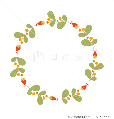 A spring wreath frame with green leaves and orange berries. A round postcard template with vintage elements A spring wreath frame with green leaves and orange berries. A round postcard template with vintage elements 131513550