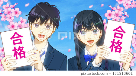 Anime-style illustration of a high school or junior high school boy and girl rejoicing over passing an exam, with cherry blossoms and a blue sky Anime-style illustration of a high school or junior high school boy and girl rejoicing over passing an exam, with cherry blossoms and a blue sky 131513601