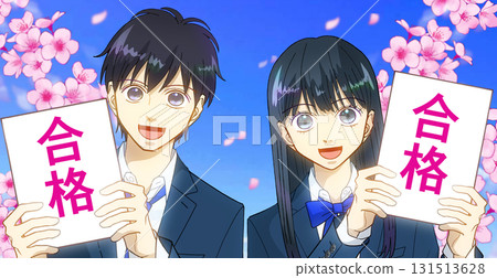 Anime-style illustration of a high school or junior high school boy and girl rejoicing over passing an exam, with cherry blossoms and a blue sky Anime-style illustration of a high school or junior high school boy and girl rejoicing over passing an exam, with cherry blossoms and a blue sky 131513628