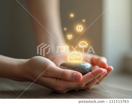 Hands Cradling a Smooth Meditation Stone with a Glowing Brain Icon and Abstract Symbols Rising Above, Representing Mental Health. 131513763