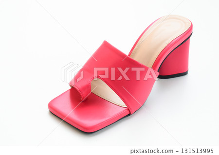 beautiful pink leather heel shoe isolated on white background 131513995