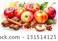 Autumn flavors: watercolor illustration of apples, cinnamon, and walnuts 131514125