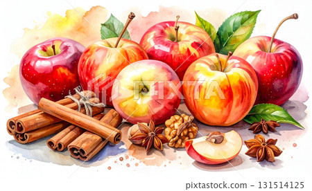 秋天的味道：蘋果、肉桂和核桃的水彩插圖 131514125