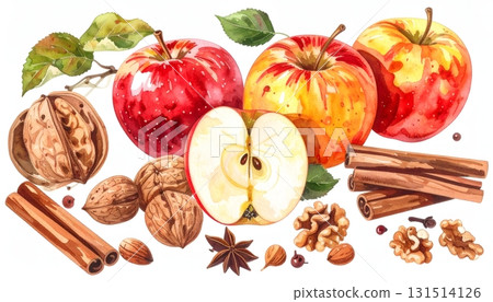 Autumn flavors: watercolor illustration of apples, cinnamon, and walnuts 131514126